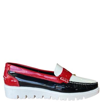 PIERO MASETTI WOMENS WEDGE MOCC LOAFER - NAVY WHITE RED